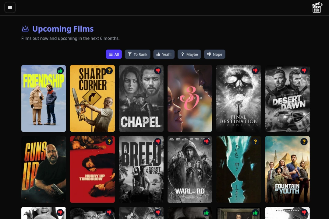 Upcoming films page.